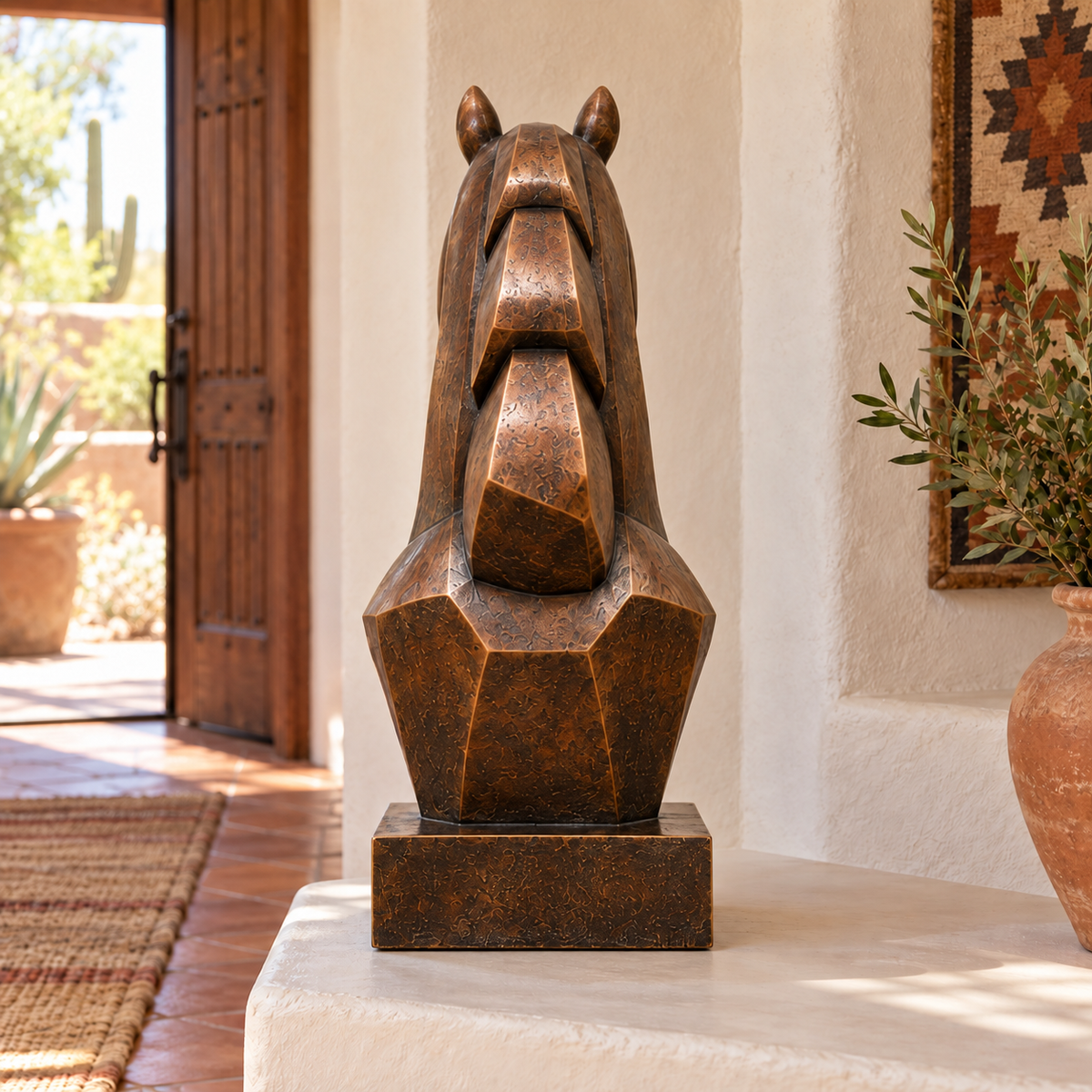Rear view of the warm bronze geometric horse bust sculpture in an Arizona adobe interior.