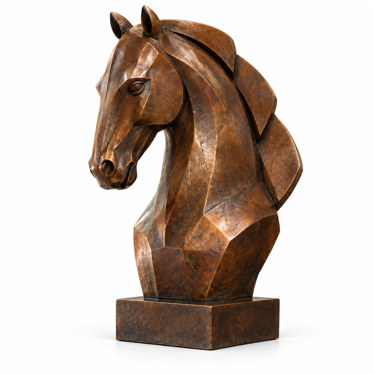 Copper Crest warm bronze geometric horse bust sculpture with its base against a white background.