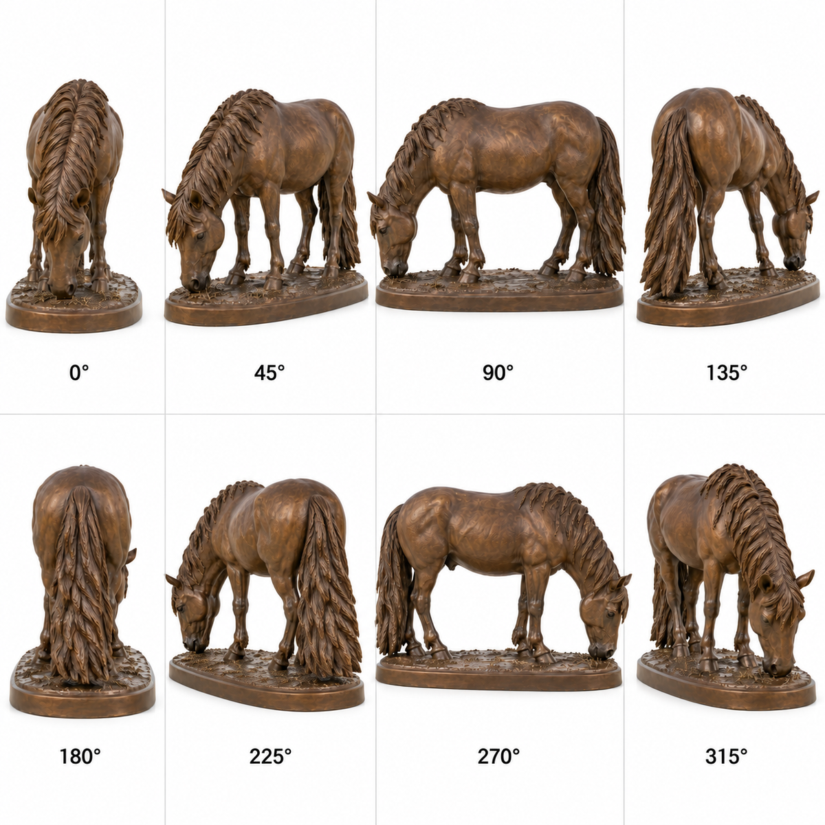 Copper Graze, warm bronze grazing pony sculpture, eight-angle display on pure white background