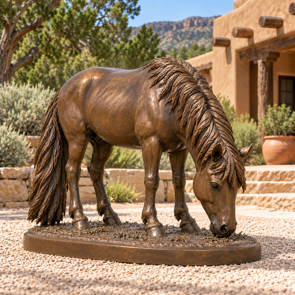 Copper Graze, warm bronze grazing pony sculpture, front oblique view in New Mexico ranch buff sandstone juniper adobe