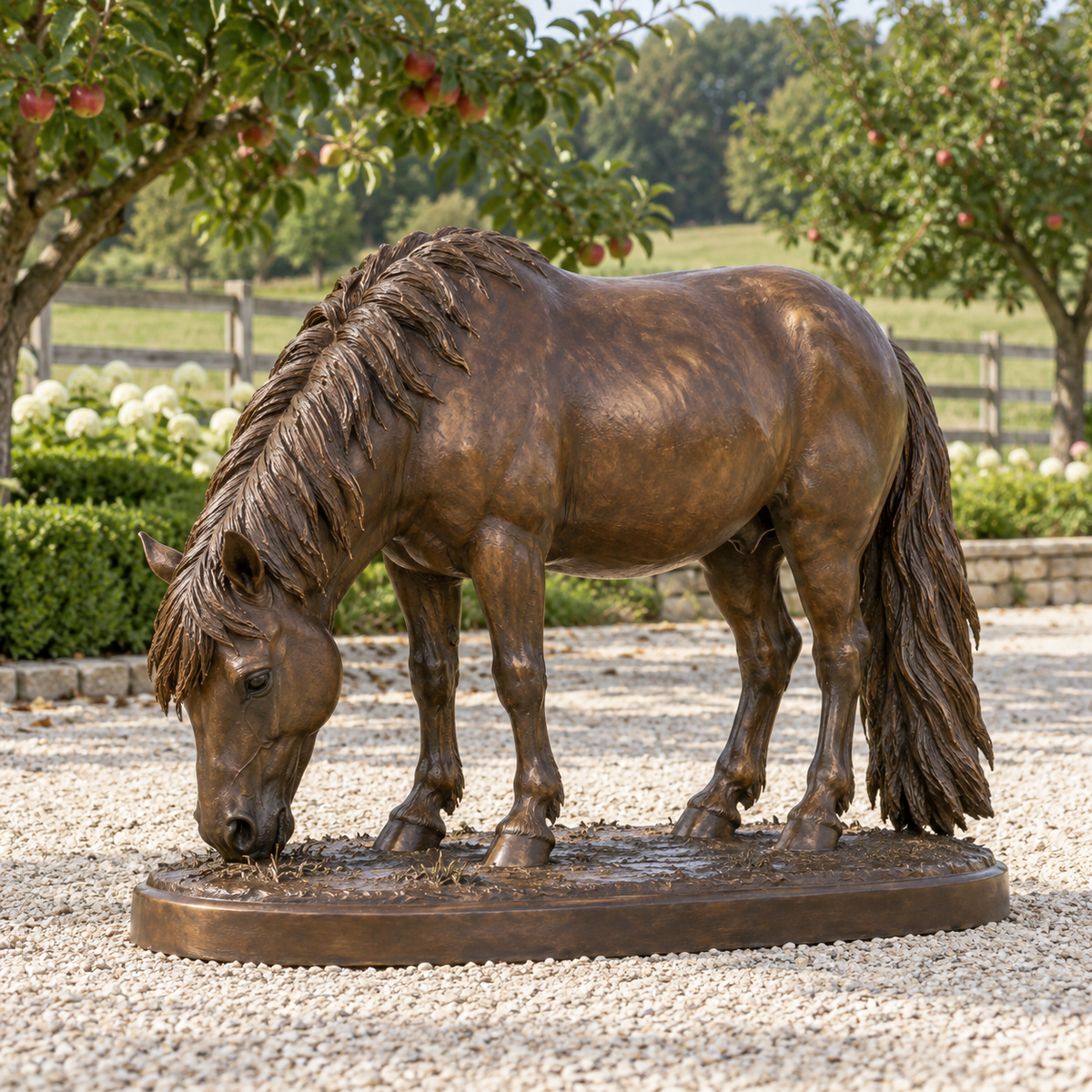 Copper Graze, warm bronze grazing pony sculpture, featured installation view