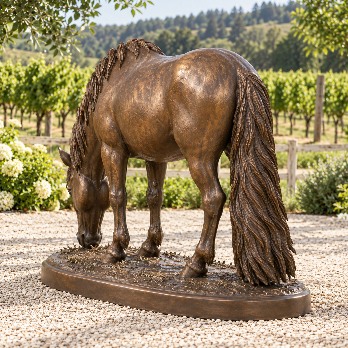 Copper Graze, warm bronze grazing pony sculpture, rear view in Oregon vineyard tan gravel grape vines cream timber