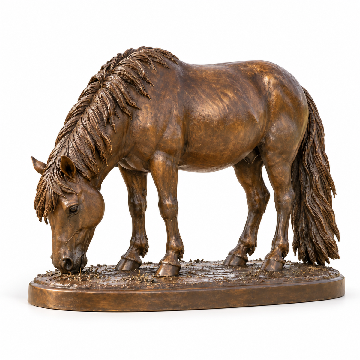 Copper Graze, warm bronze grazing pony sculpture, isolated on pure white background