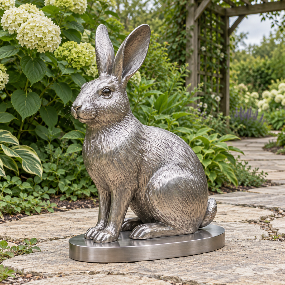 Cottontail Pause, brushed stainless steel cottontail rabbit sculpture in a natural-light setting.