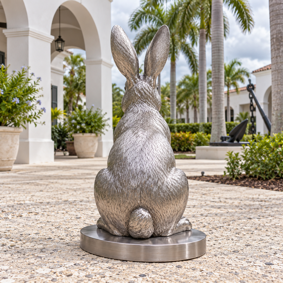 Cottontail Pause Brushed Stainless Steel Cottontail Rabbit sculpture - scene 180