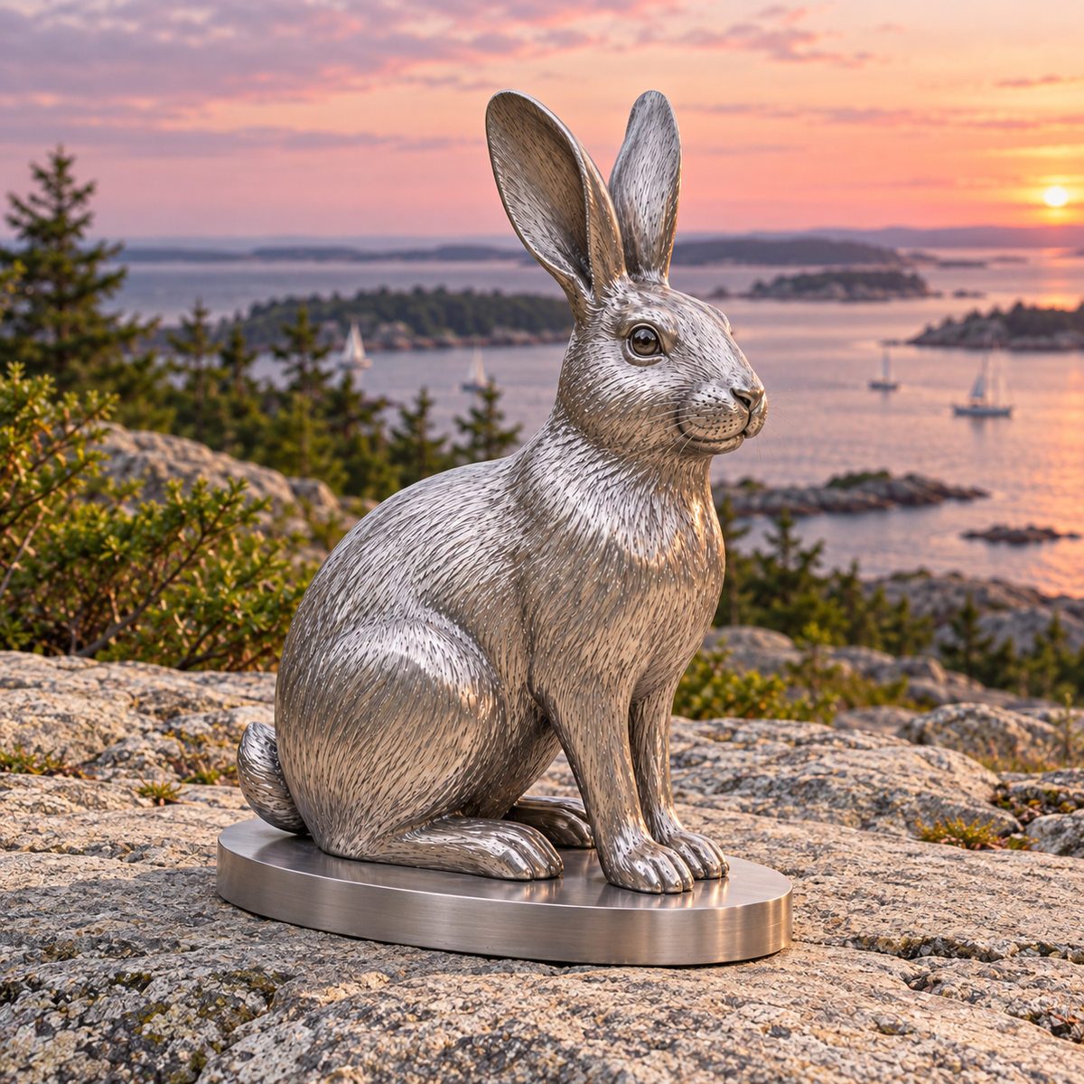 Cottontail Pause Brushed Stainless Steel Cottontail Rabbit sculpture - scene 315