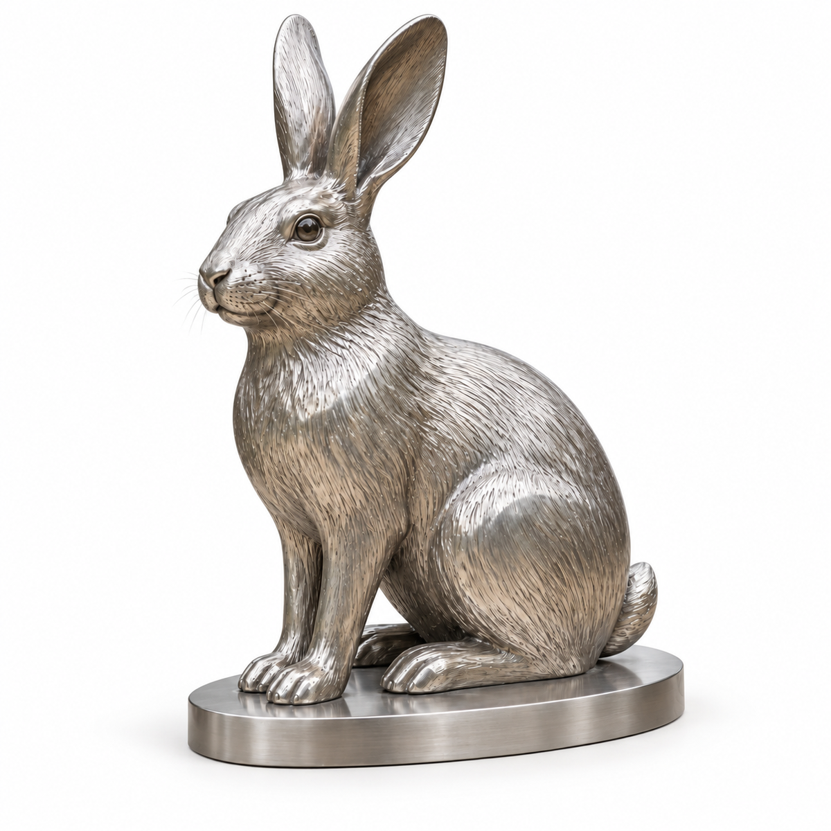 Cottontail Pause Brushed Stainless Steel Cottontail Rabbit sculpture - white background
