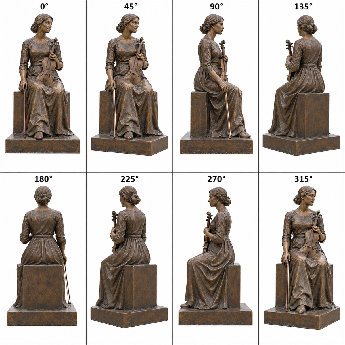 Eight labeled 360-degree views of Craft of Memory bronze seated violinist sculpture on a pure white background.