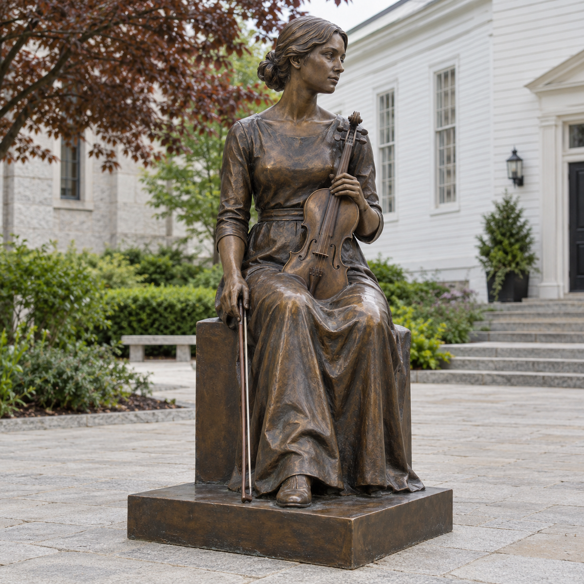 Craft of Memory bronze seated violinist sculpture photographed in natural light.
