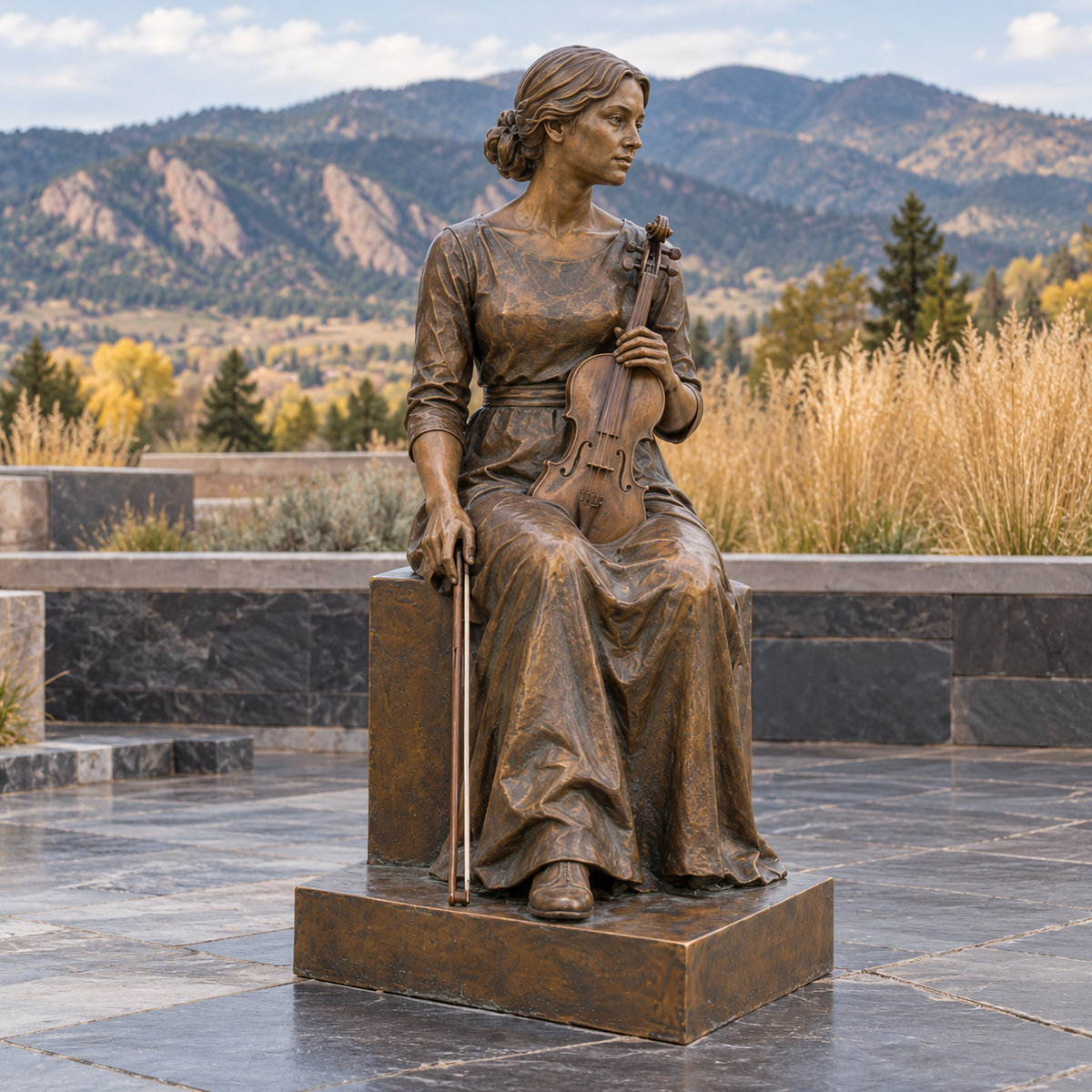 Opposite front three-quarter view of Craft of Memory bronze seated violinist sculpture in a separate natural-light setting.