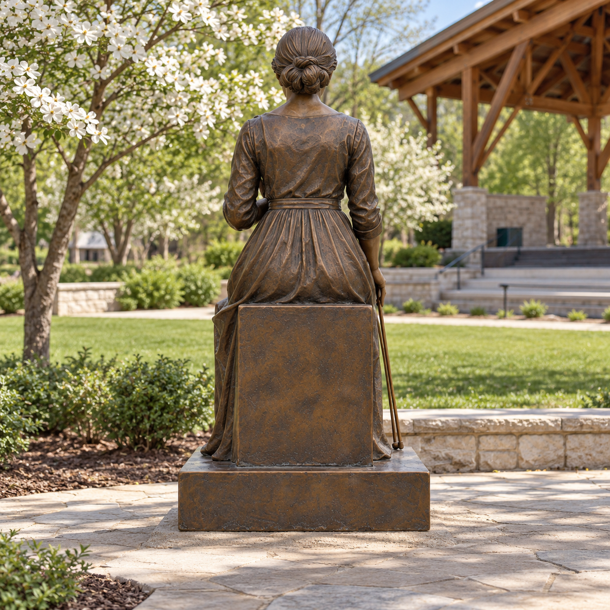 Rear view of Craft of Memory bronze seated violinist sculpture, showing its back and base.