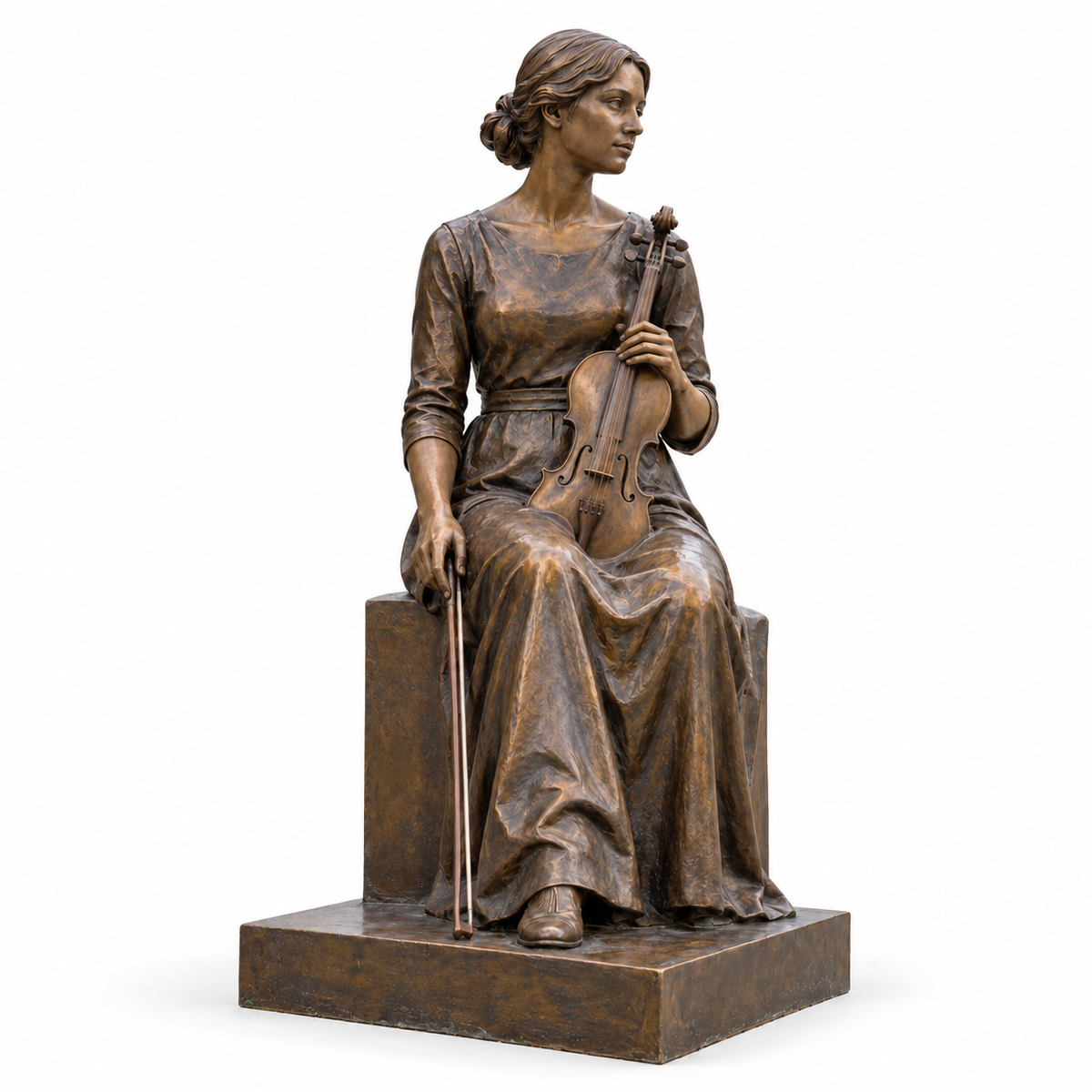 Craft of Memory bronze seated violinist sculpture on a pure white background with its base and natural contact shadow.