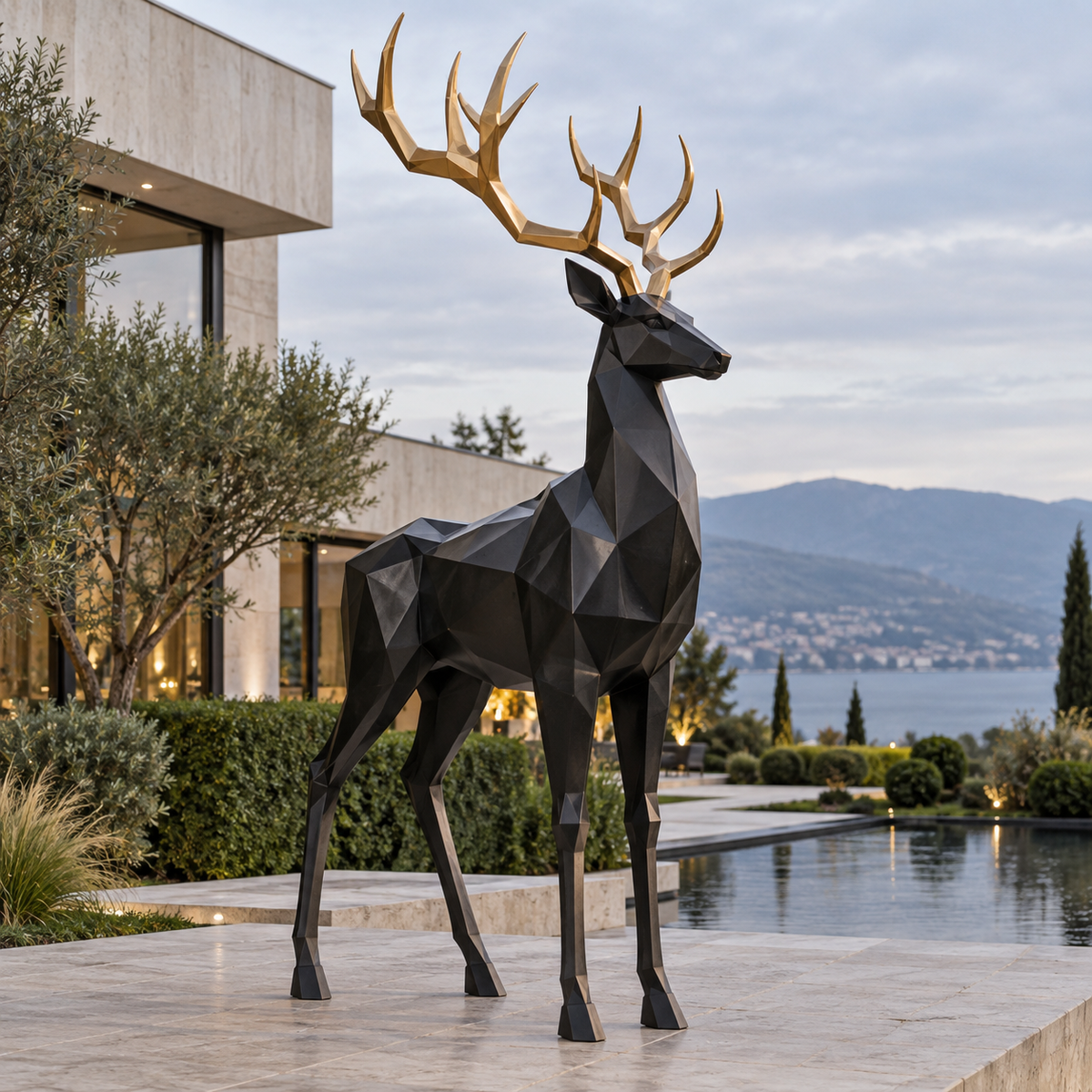 Crowned Sentinel black and gold bronze geometric stag sculpture displayed in a luxury outdoor landscape