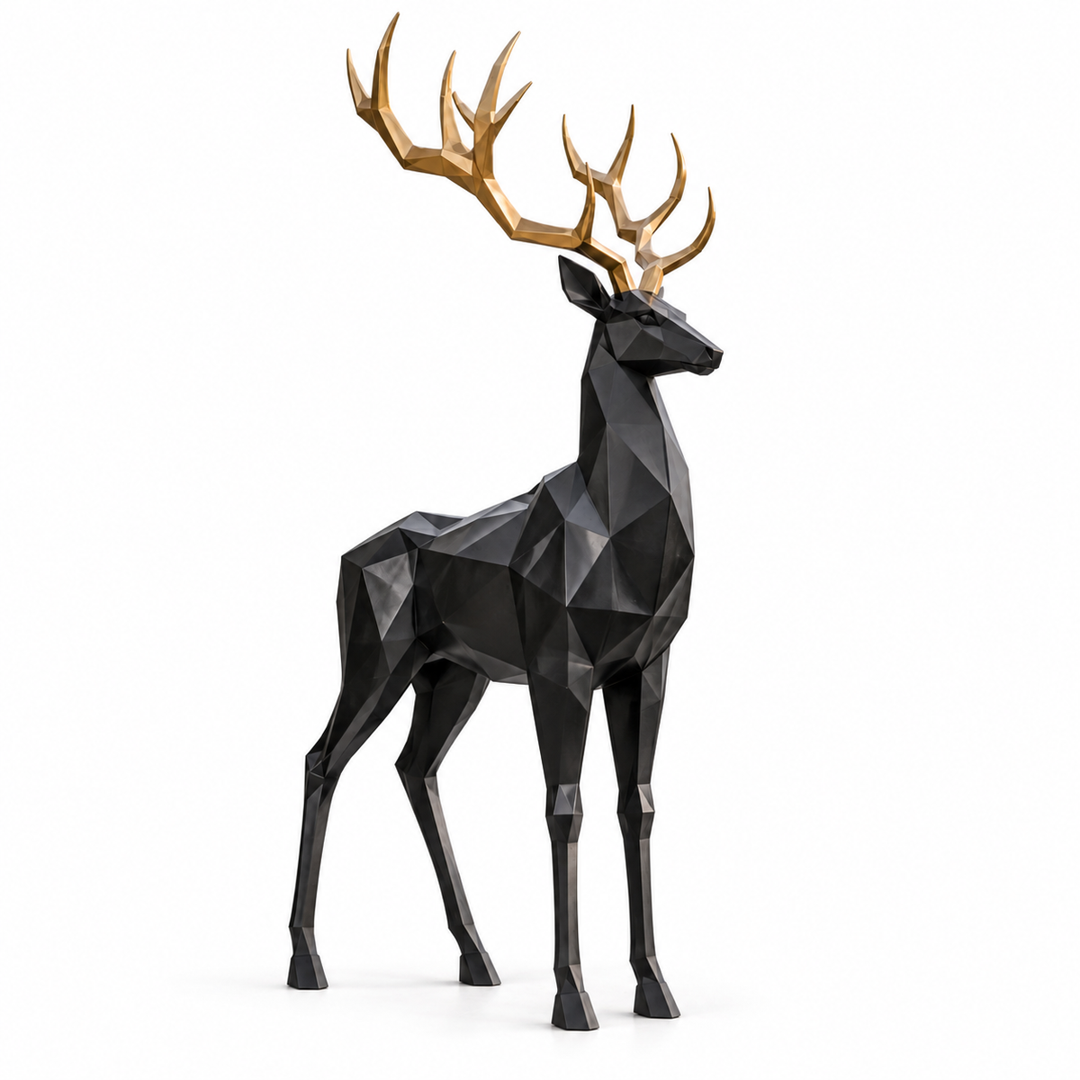 Black bronze geometric stag sculpture with gold antlers on a white background