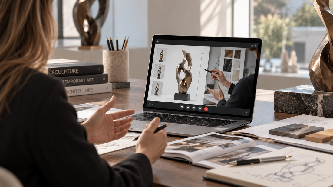 Designer reviewing custom sculpture concepts on a laptop during an artist consultation and commission planning session.