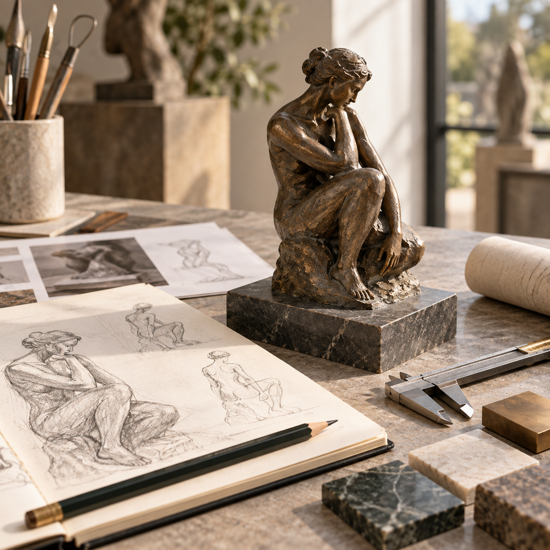 Custom sculpture design guide featuring sketches, material samples, and a small sculpture model for project planning.