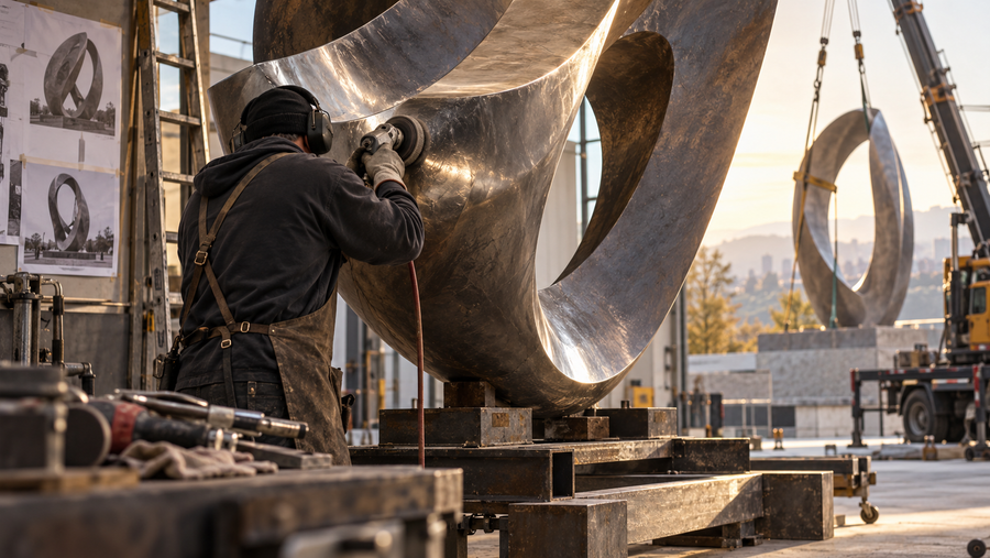 Professional team working on a large custom sculpture during fabrication and on-site installation preparation.