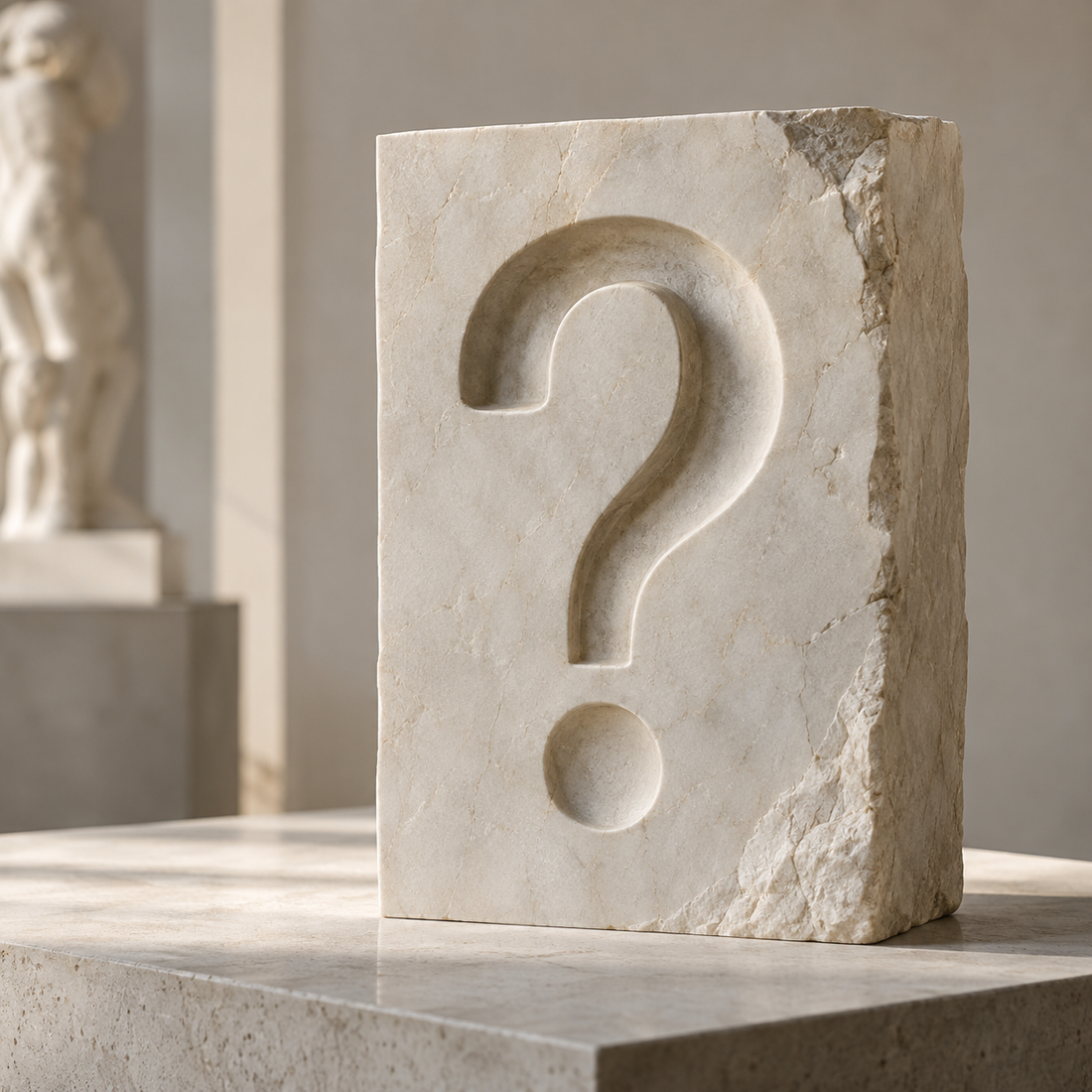 Stone block with a carved question mark representing frequently asked questions about custom sculpture projects.