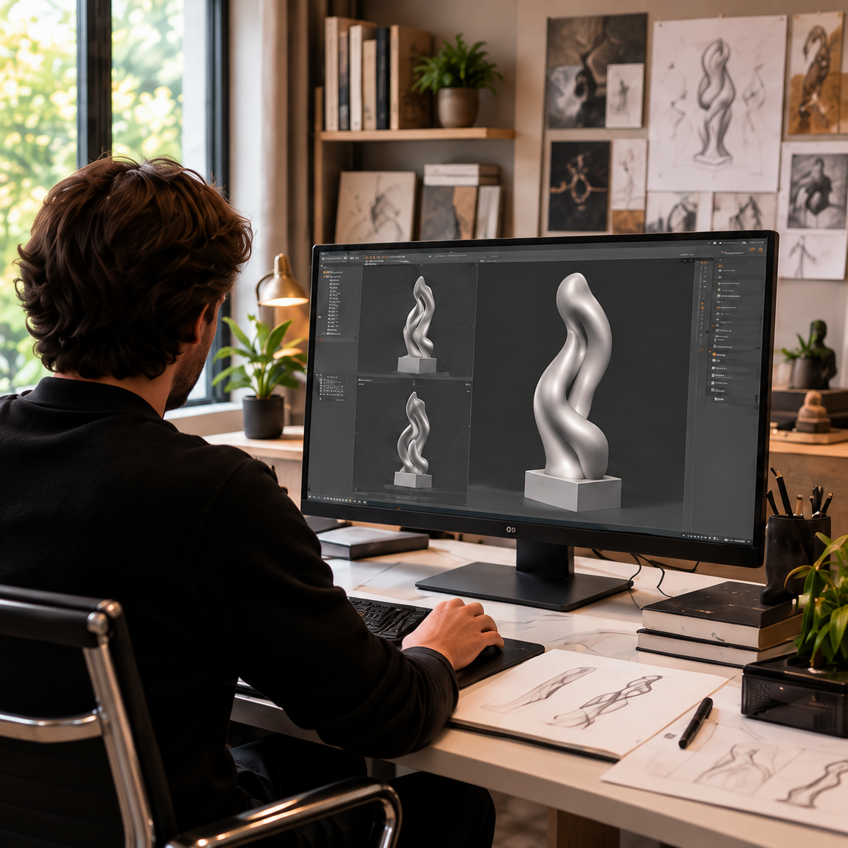 Sculpture designer creating a custom 3D sculpture model and reviewing the design before production.