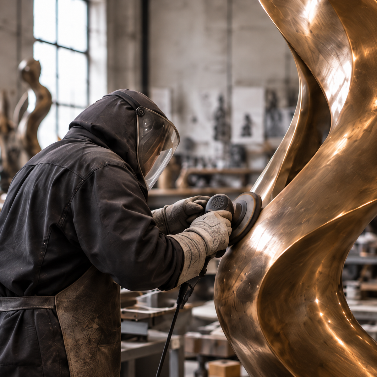 Craftsman polishing and finishing a large metal sculpture during the custom sculpture production process.