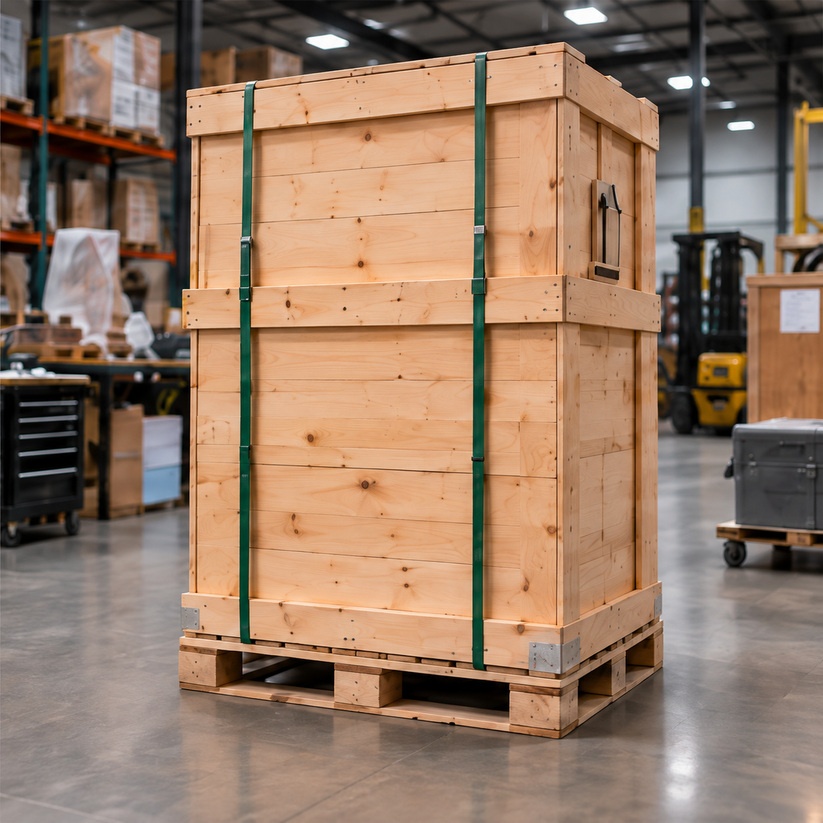 Custom sculpture securely packed in a reinforced wooden shipping crate for safe international delivery.