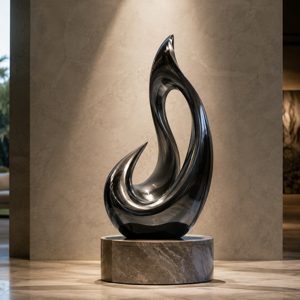 Dark Elegance black mirror stainless steel abstract sculpture displayed in a refined modern public interior space