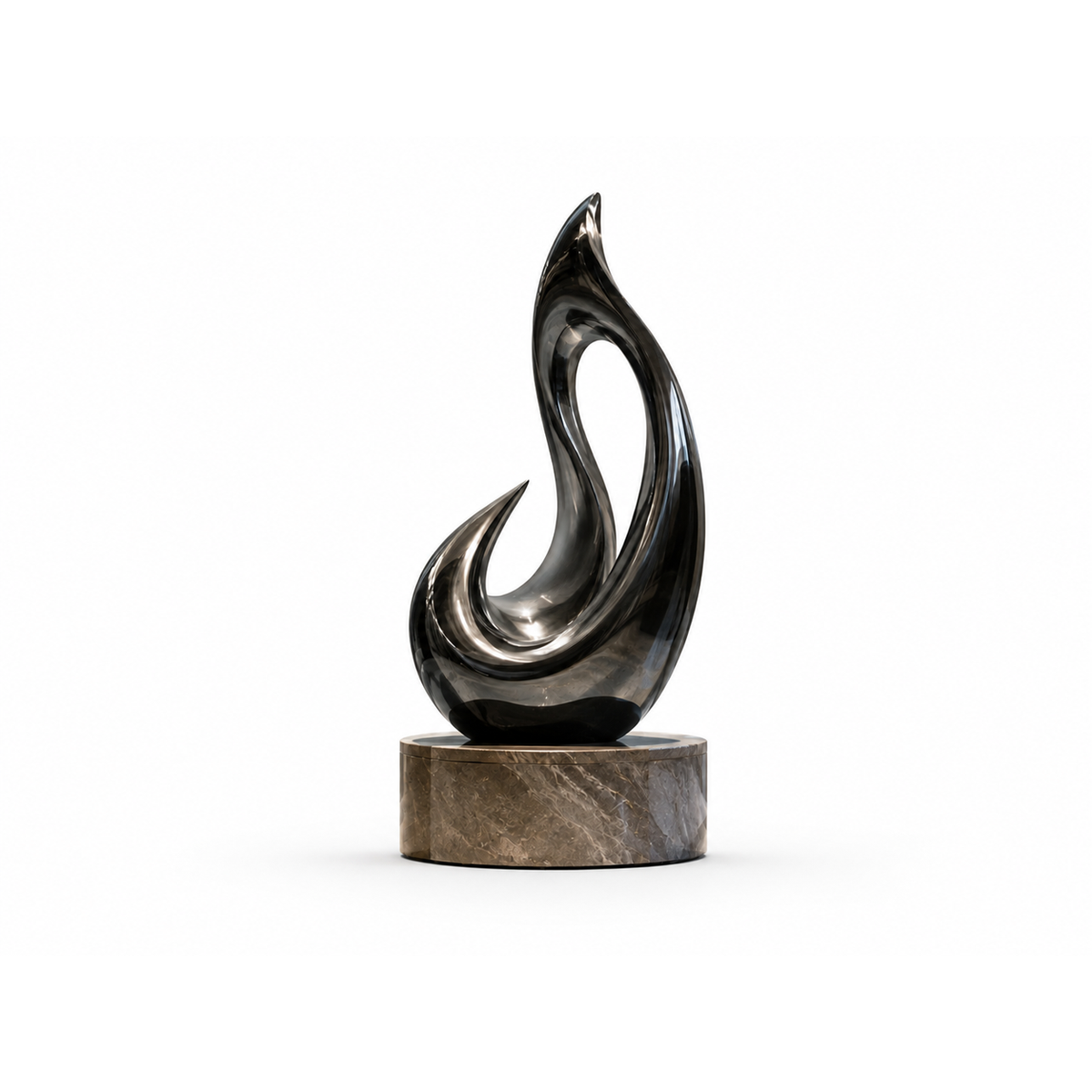 Dark Elegance black mirror stainless steel abstract sculpture on a white background featuring a flowing curved form