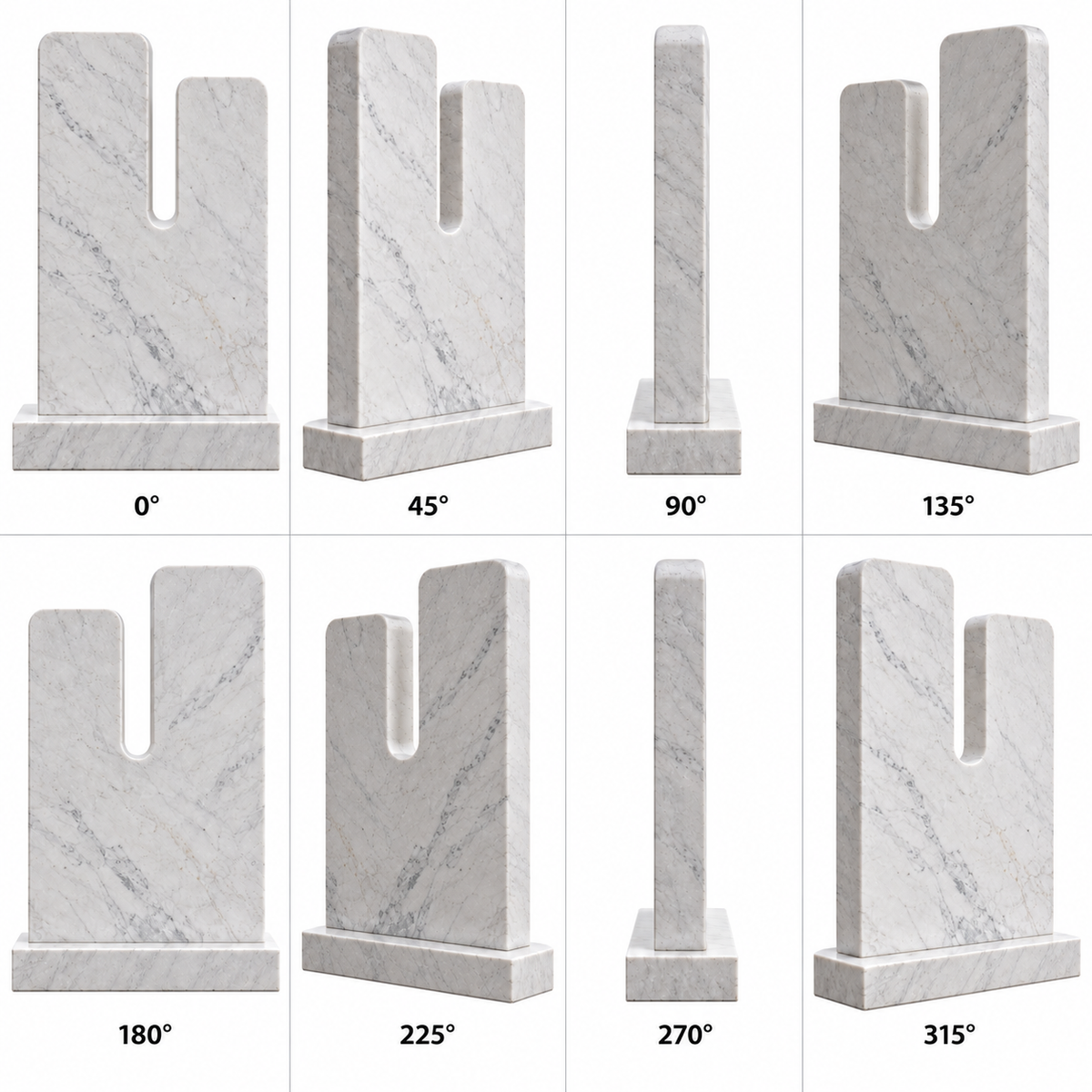 Eight labeled 360-degree views of Daybreak Cleft white marble minimalist notched memorial sculpture on a pure white background.