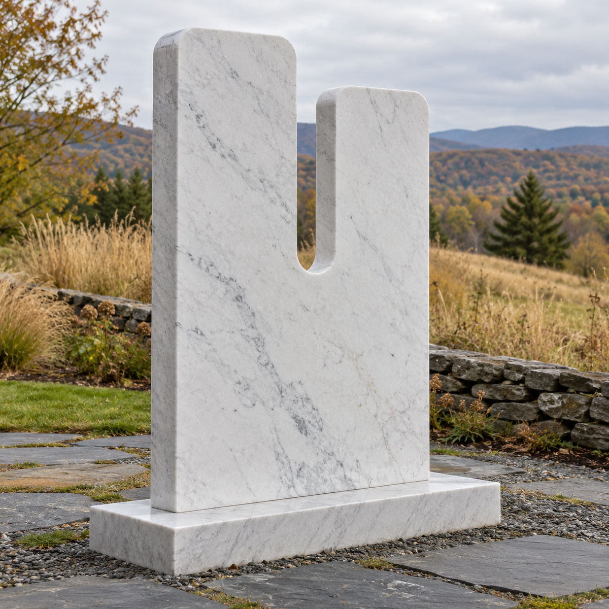 Daybreak Cleft white marble minimalist notched memorial sculpture photographed in natural light.