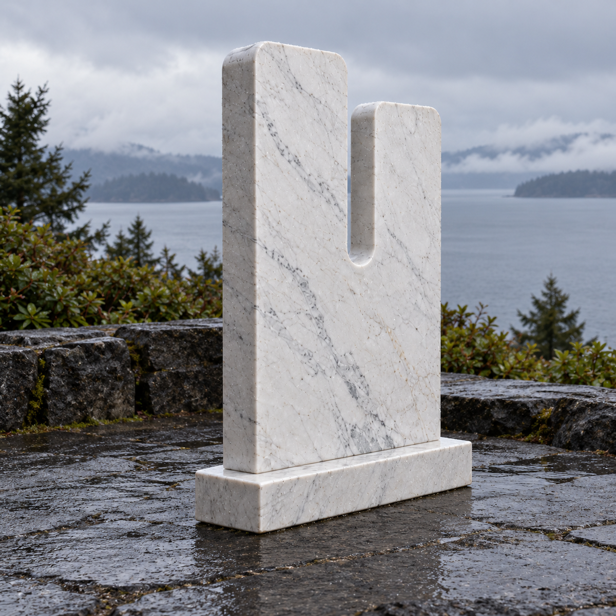 Opposite front three-quarter view of Daybreak Cleft white marble minimalist notched memorial sculpture in a separate natural-light setting.