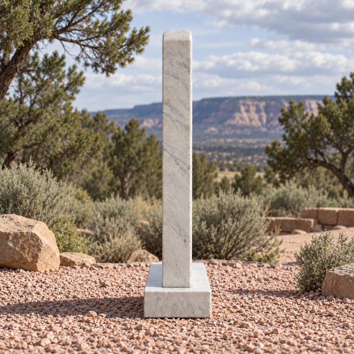 Side profile of Daybreak Cleft white marble minimalist notched memorial sculpture in a different architectural or garden setting.