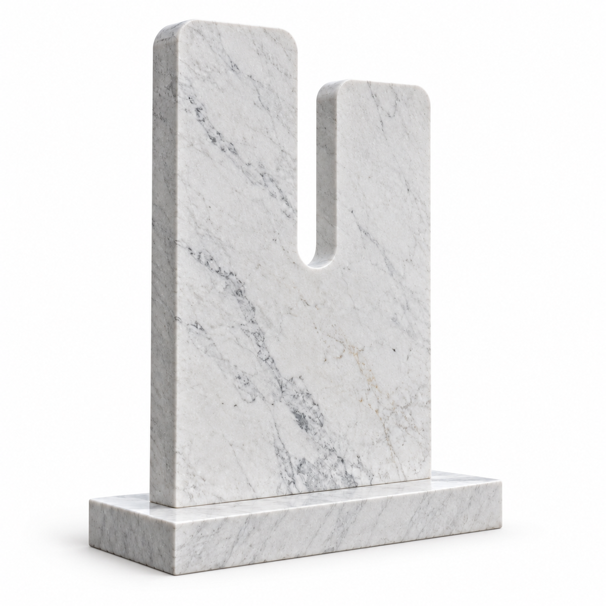 Daybreak Cleft white marble minimalist notched memorial sculpture on a pure white background with its base and natural contact shadow.