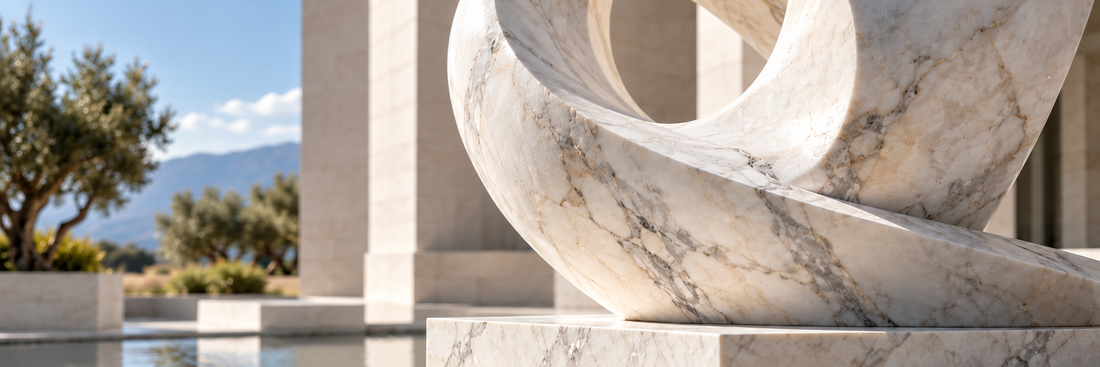 White marble abstract loop sculpture beside a garden pool.