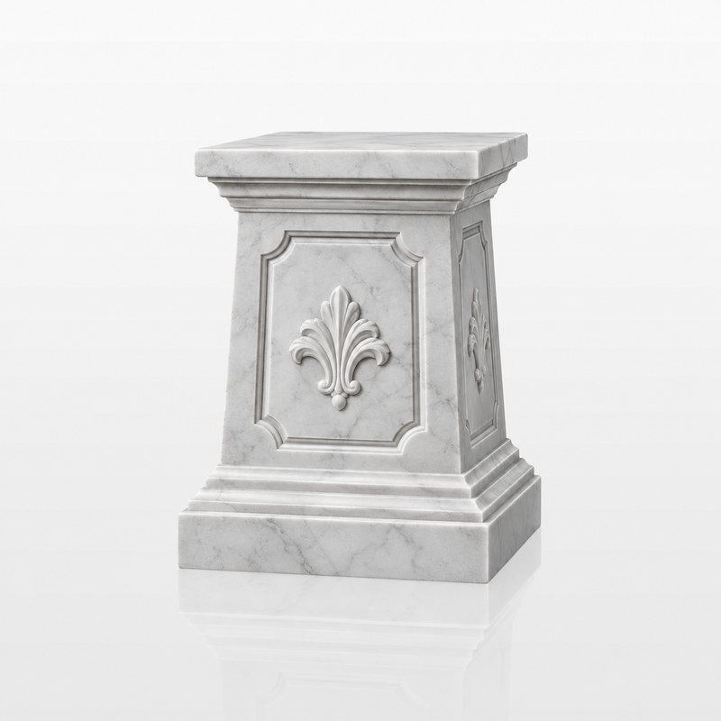 Decorative white marble sculpture pedestal base with fleur-de-lis panel