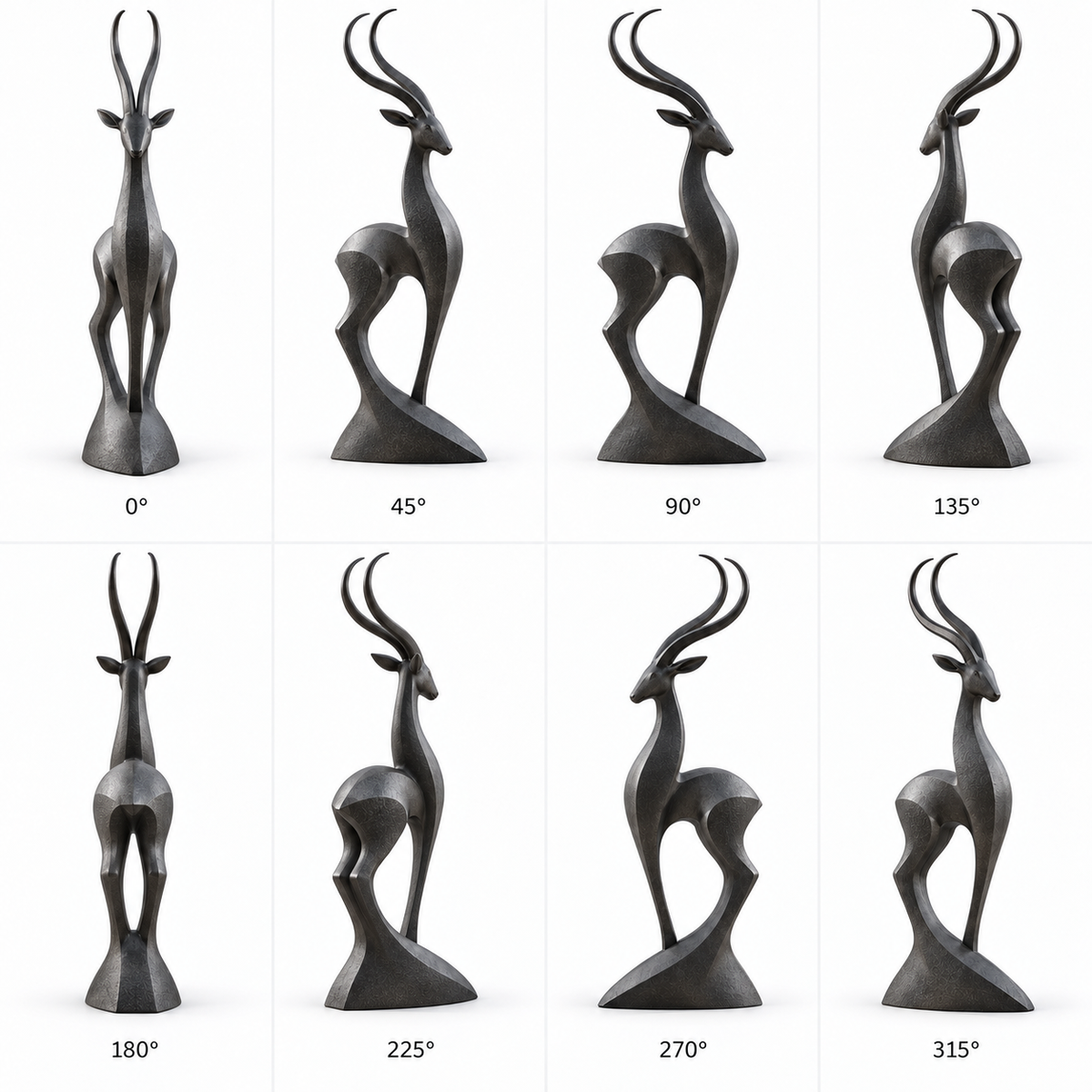 Desert Grace bronze abstract gazelle sculpture shown in an 8-angle 360-degree view presentation.