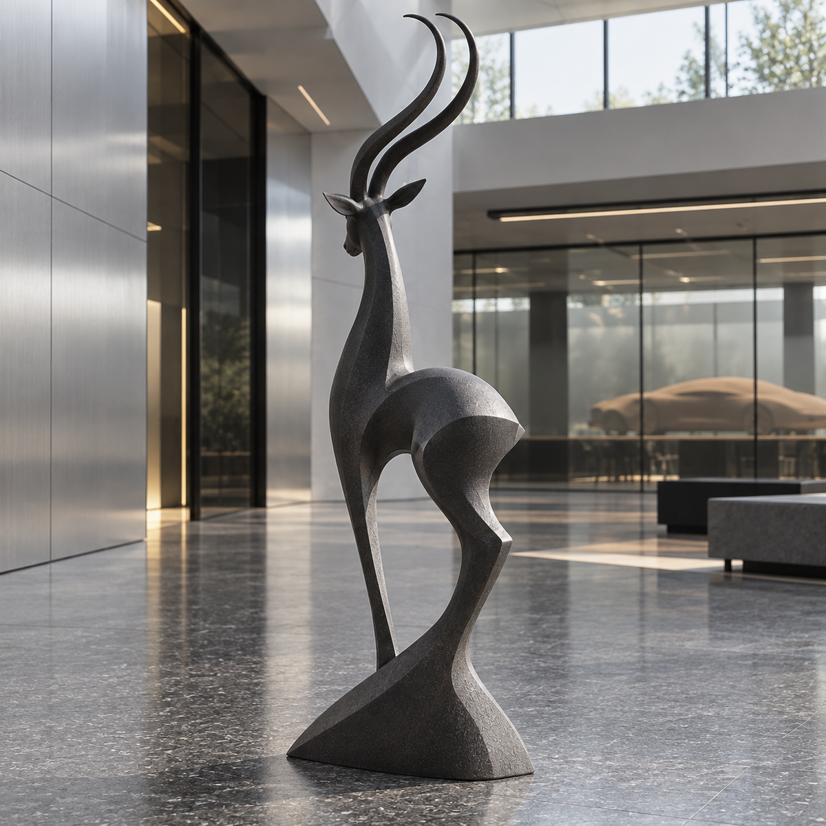Desert Grace Bronze Abstract Gazelle Sculpture — modern gallery lobby.