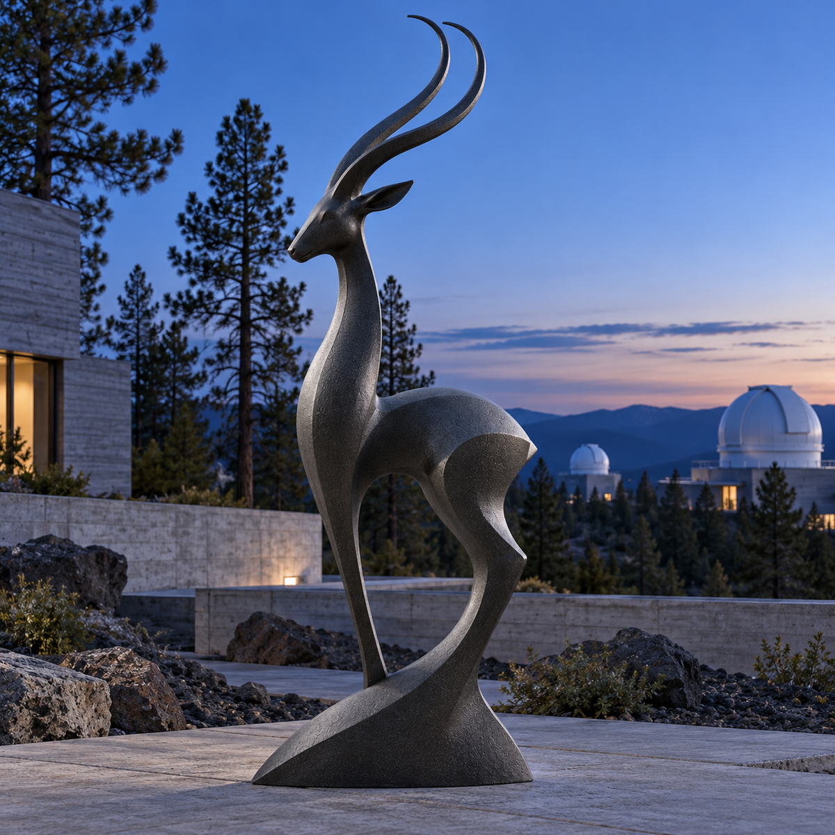 Desert Grace Bronze Abstract Gazelle Sculpture — observatory terrace at dusk.