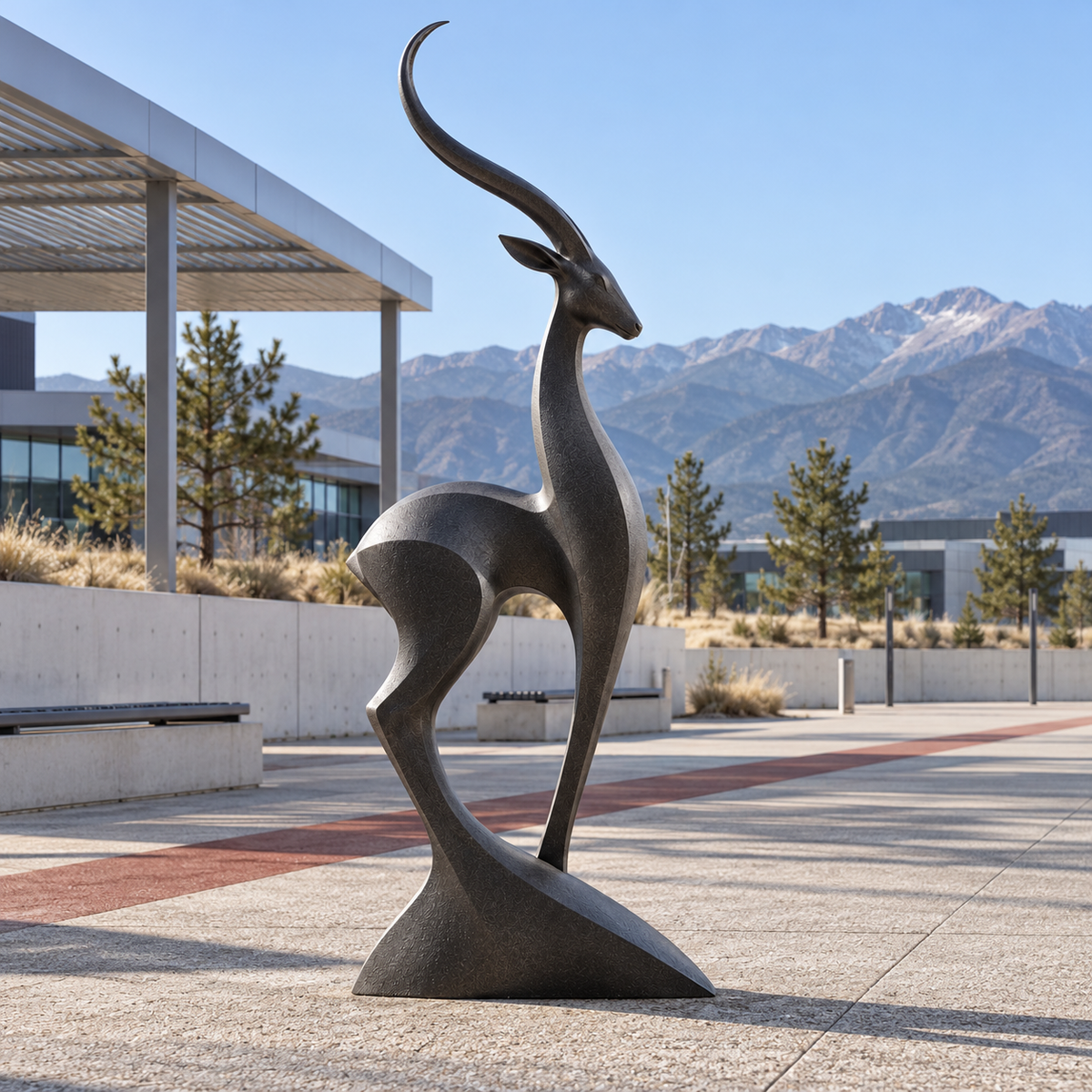 Desert Grace Bronze Abstract Gazelle Sculpture — plaza with mountain views.