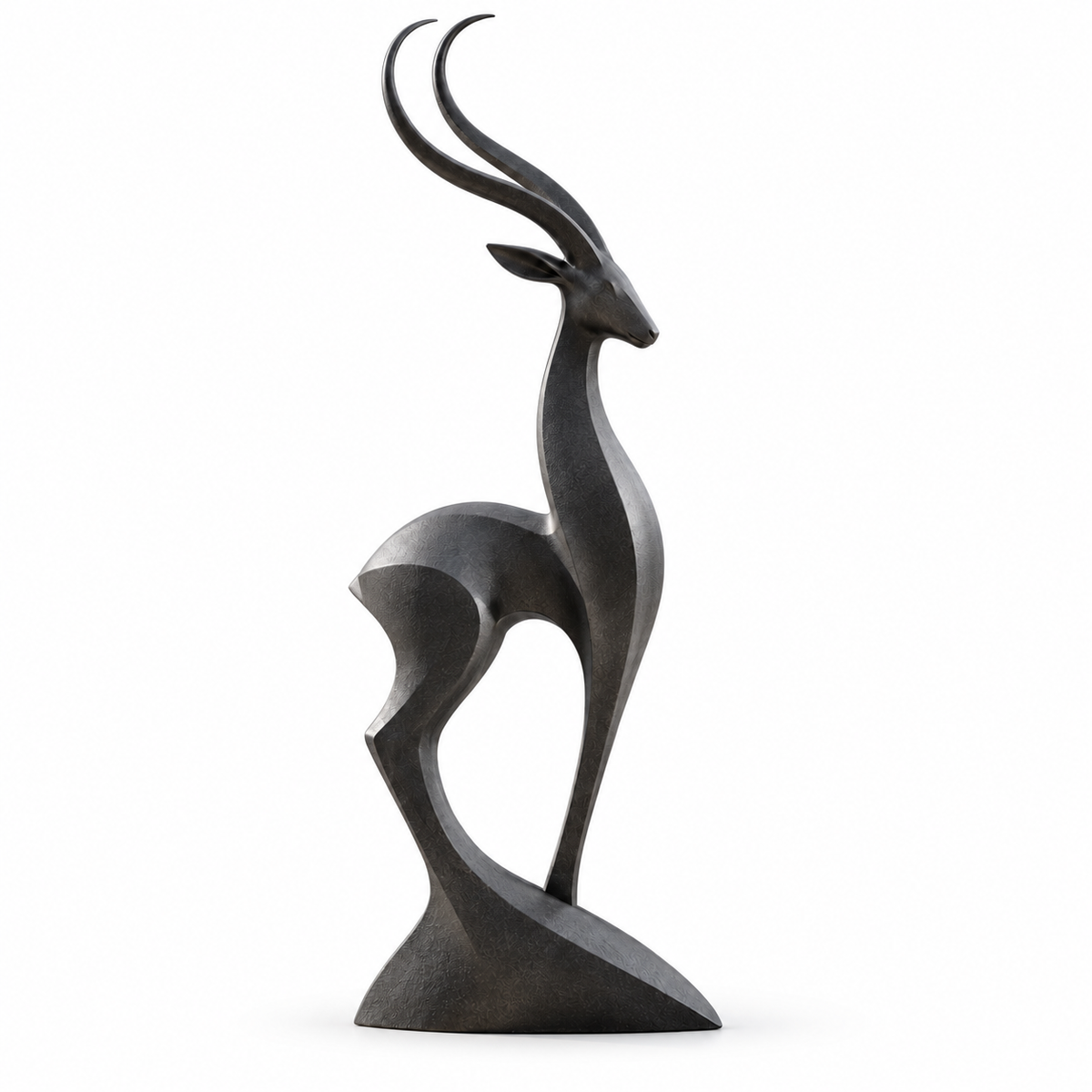 Desert Grace bronze abstract gazelle sculpture with elongated horns and a modern geometric form isolated on a white background.