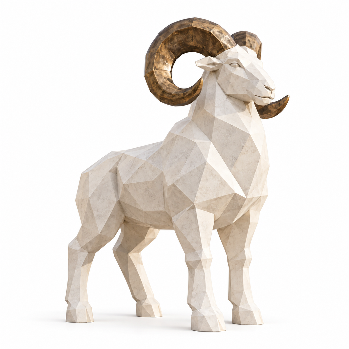Stone white fiberglass geometric ram sculpture with large bronze-toned curved horns on a white background