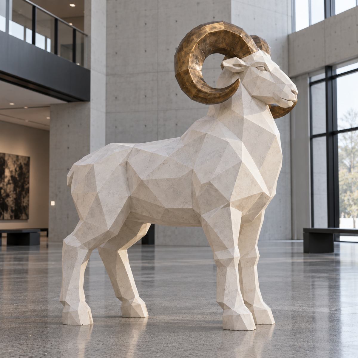 Desert Sovereign Stone White & Bronze Fiberglass Geometric Ram Sculpture — bright gallery atrium.