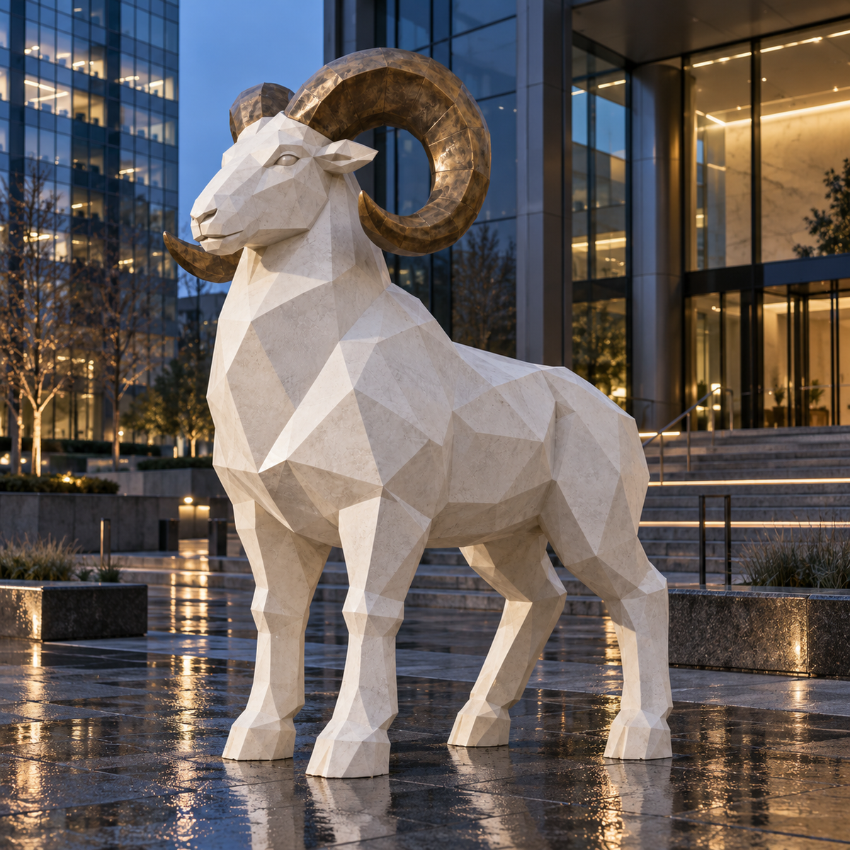 Desert Sovereign Stone White & Bronze Fiberglass Geometric Ram Sculpture — modern plaza at dusk.