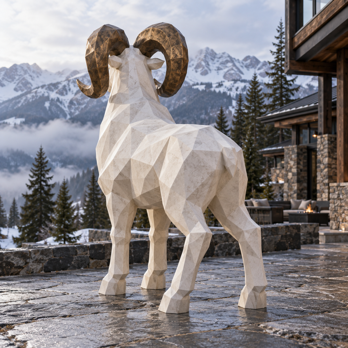 Desert Sovereign Stone White & Bronze Fiberglass Geometric Ram Sculpture — mountain lodge terrace viewed from behind.