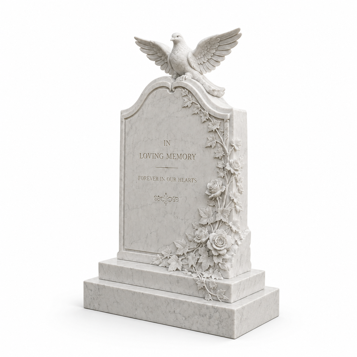 Dove of Remembrance white marble memorial headstone with roses on a white background showing detailed carved floral and dove elements