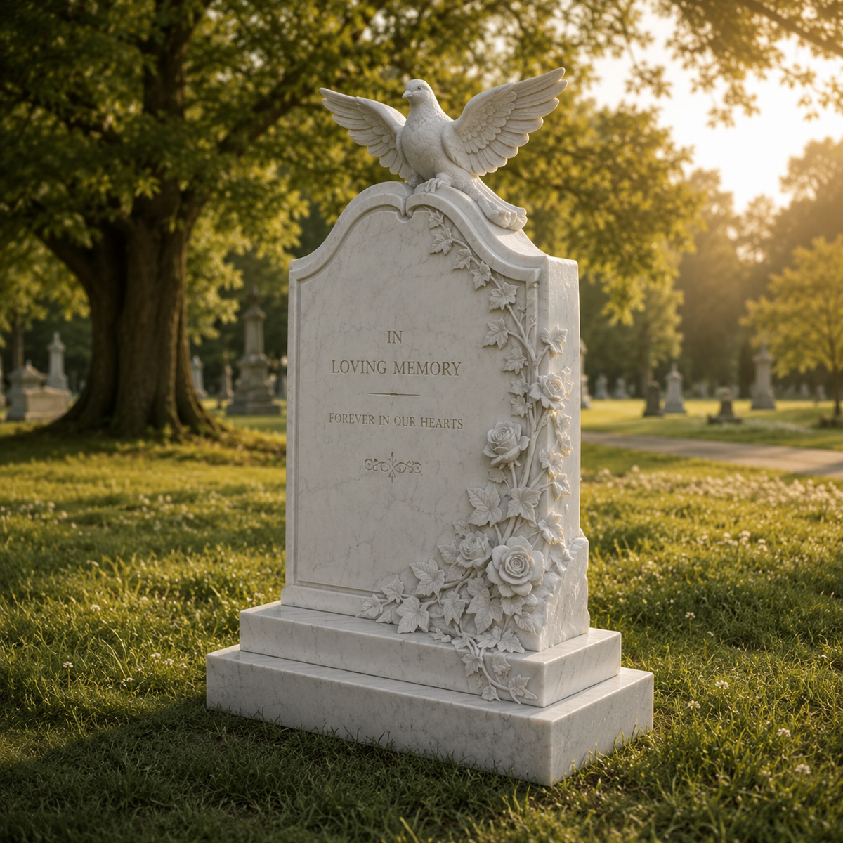 Dove of Remembrance white marble memorial headstone with roses displayed in a peaceful cemetery setting