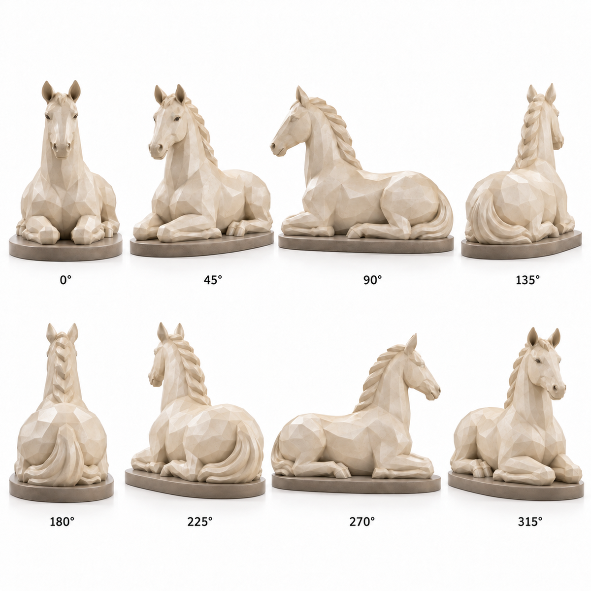 Eight labeled views of the Dune Repose ivory fiberglass geometric reclining horse sculpture, showing the front, sides and rear.