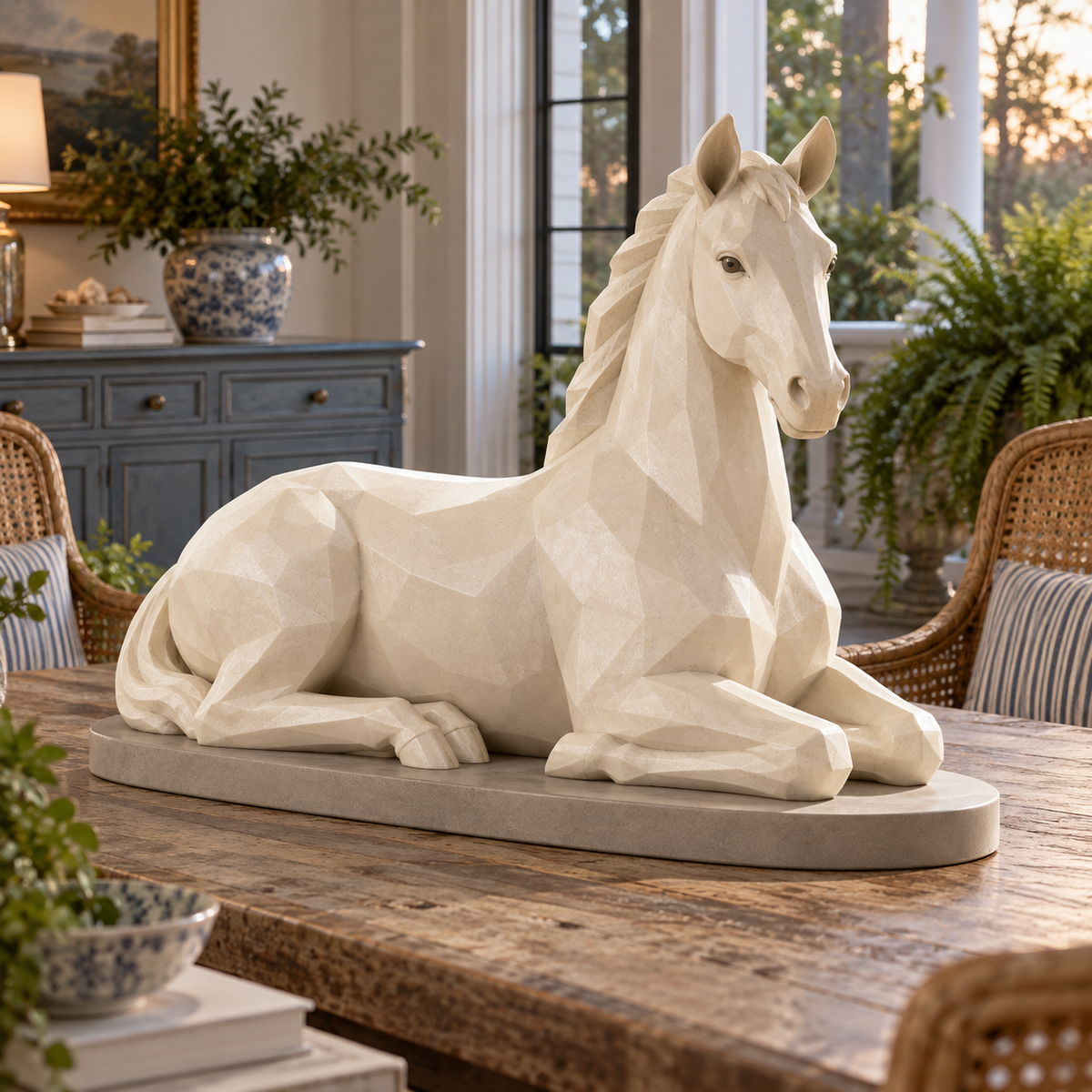 Opposite front three-quarter view of the ivory fiberglass geometric reclining horse sculpture in a Charleston veranda.