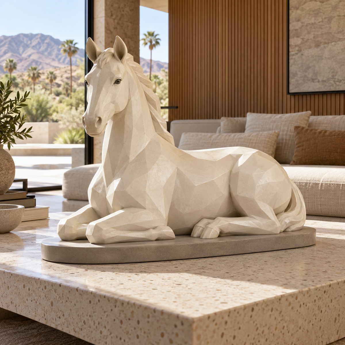 Dune Repose ivory fiberglass geometric reclining horse sculpture displayed in a Palm Springs living room.
