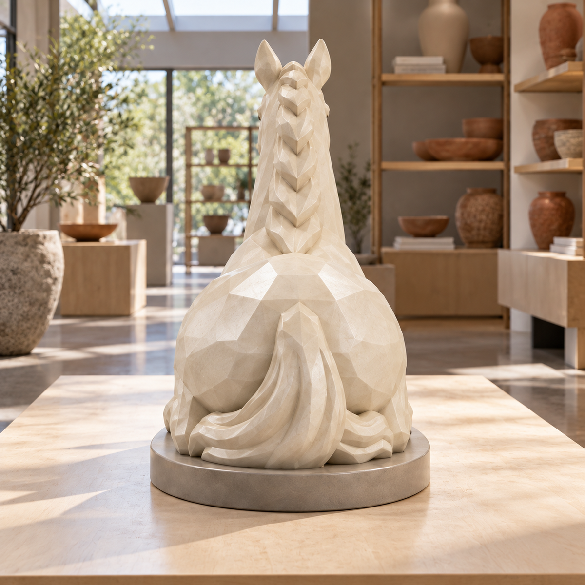 Rear view of the ivory fiberglass geometric reclining horse sculpture in a Portland design showroom.