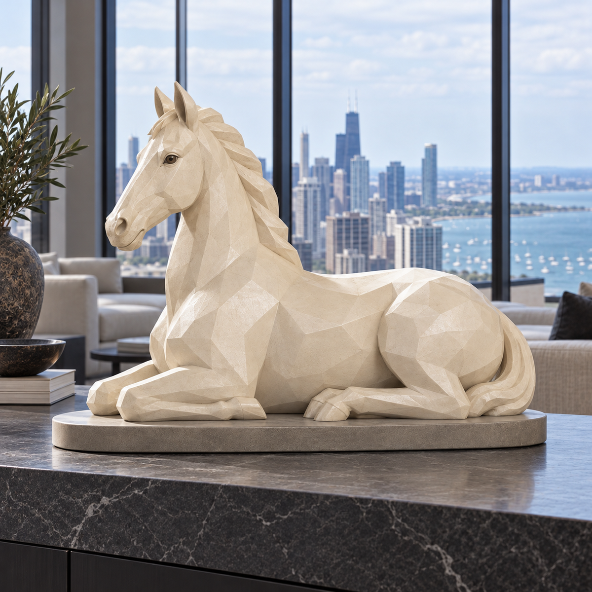 Side view of the ivory fiberglass geometric reclining horse sculpture in a Chicago penthouse.